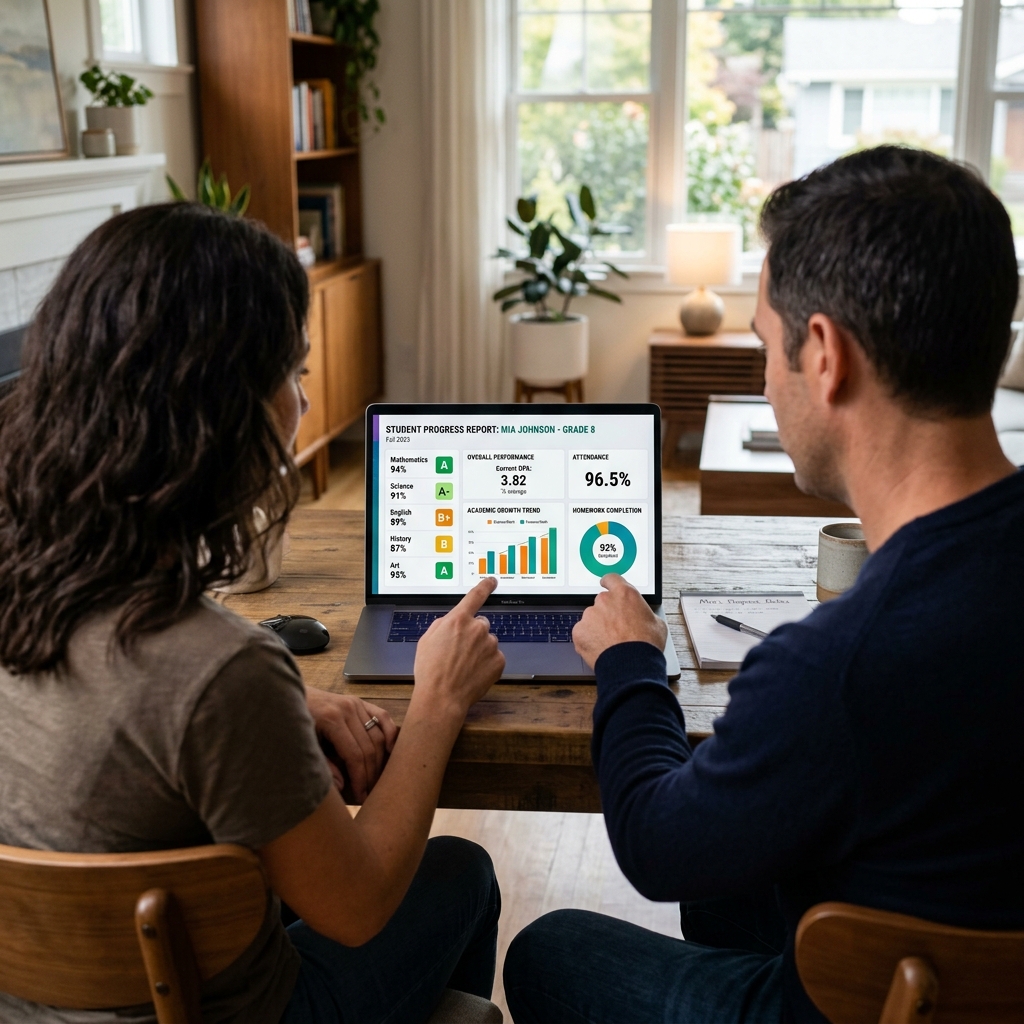 Parents checking student progress report on laptop